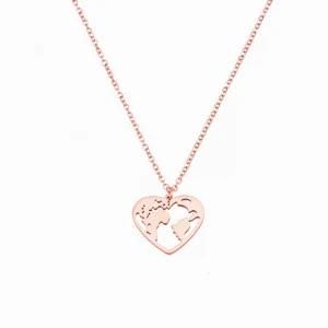 Stainless Steel Gold-Plated Love Heart Hollow World Map Pendant Necklace