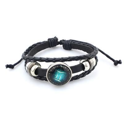 Amazon Hot Selling 12 Constellation Leather Woven Bracelet