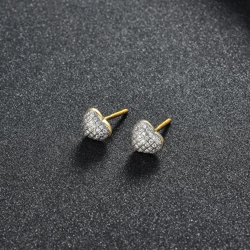 Fashion Hiphop Jewelry Diamond 925 Sterling Silver 14K Gold Plated Heart Shape Earrings