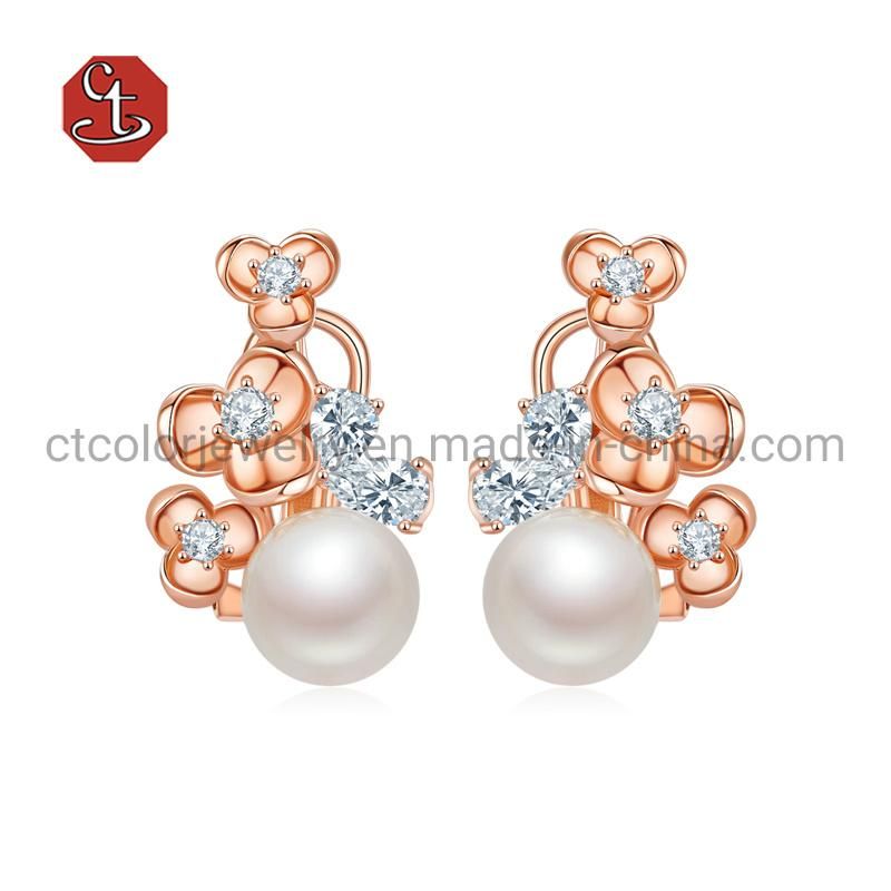 Fashion 925 Sterling Silver Rose Gold Flowers and pearls Earring for Jewelry Gift Women
