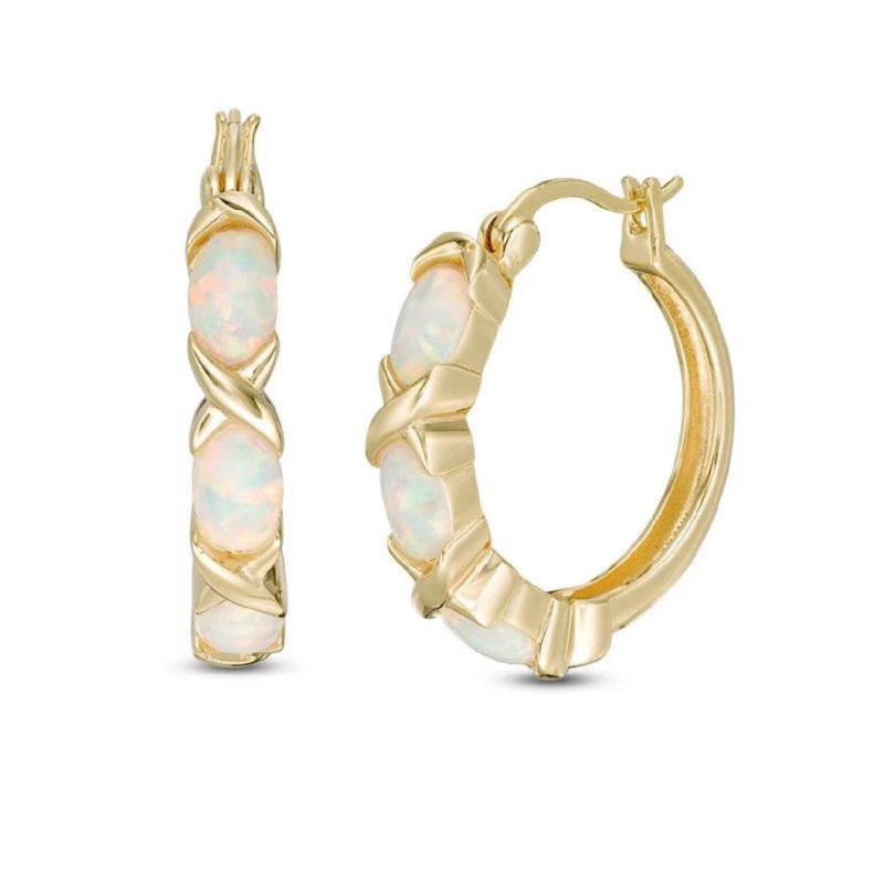 Classic Jewellery Earring Opal Lab Opal Sterling Gold Plated Three Stone Hoops Earrings