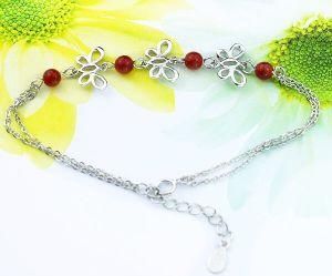 Sterling Silver Three Butterfly Red Agate Charm Bracelet B0074