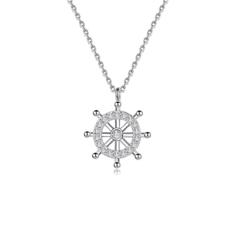 925 Sterling Silver 14K White Gold Plated Compass Crystal Pendant Necklace Women Vintage Palace Style Jewelry