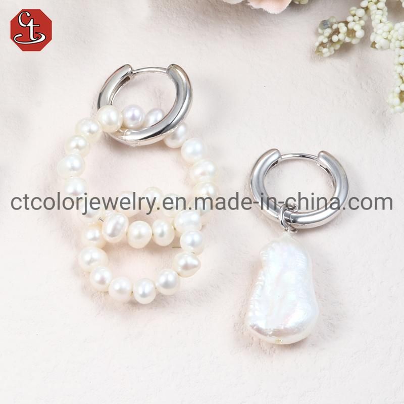 Fashion Jewelry Silver Earring with Freshwater Pearl double Drop Design Hoop Earring