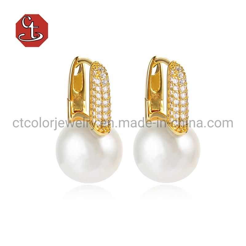 Fine 925 Sterling Silver and Brass Natural Freshwater Pearl Silver Stud Earrings for Women Jewelry Elegant Style Fashion Jewelry 18K Gold Plated Pearl Earrings