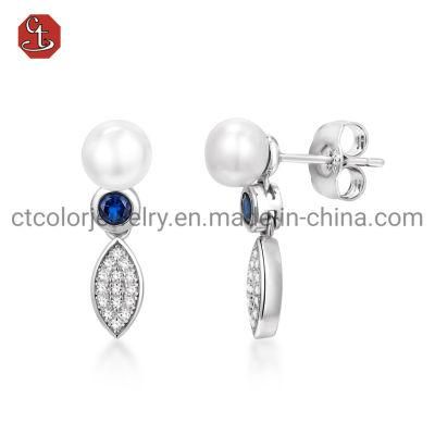 Fashion Jewelry 925 Silver Plated with Freshwater Pearl CZ Stud Earrings for Women