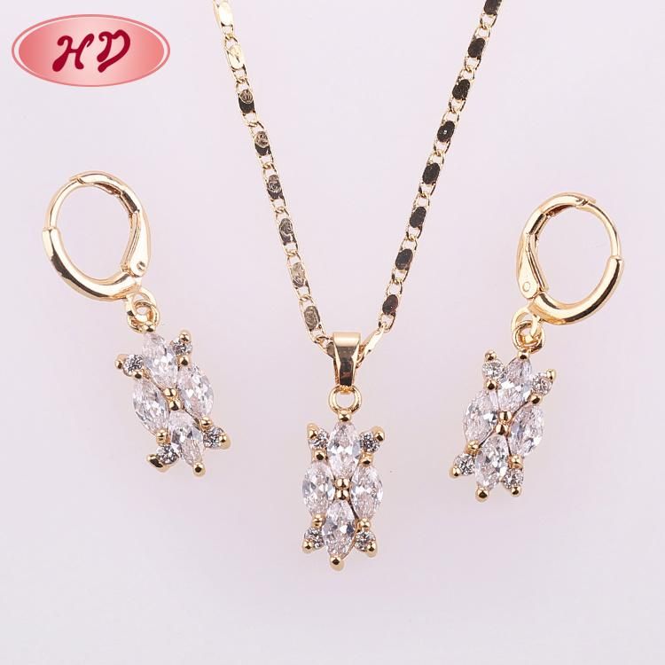 Fashion Wedding Silver Gold Plated Alloy Ring Necklace Earring Jewelry Set with Crystal CZ Pearl