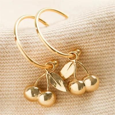 New Wild Metal Fruit Cherry Drop Hoop Earrings in 18K Gold for Women Fashion Jewelry