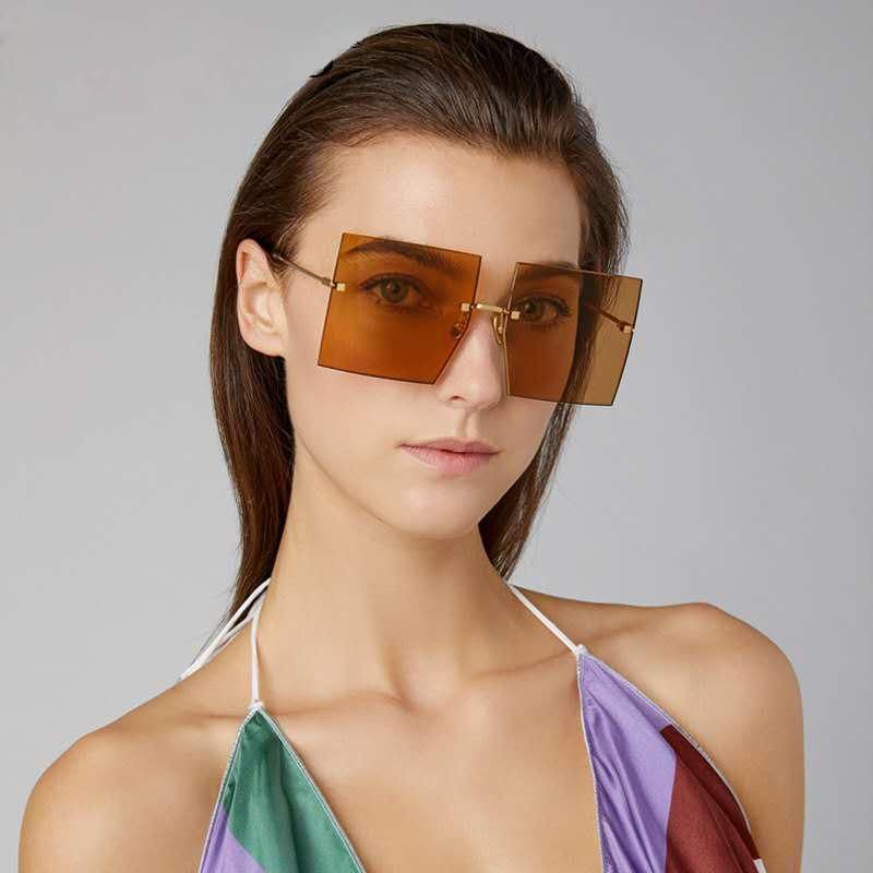 Oversized Brown Sunglasses 2021 Women Retro Vintage Sunglasses Famous Fashion Rimless Eyewear Oculos De Sol Feminino Big Shades