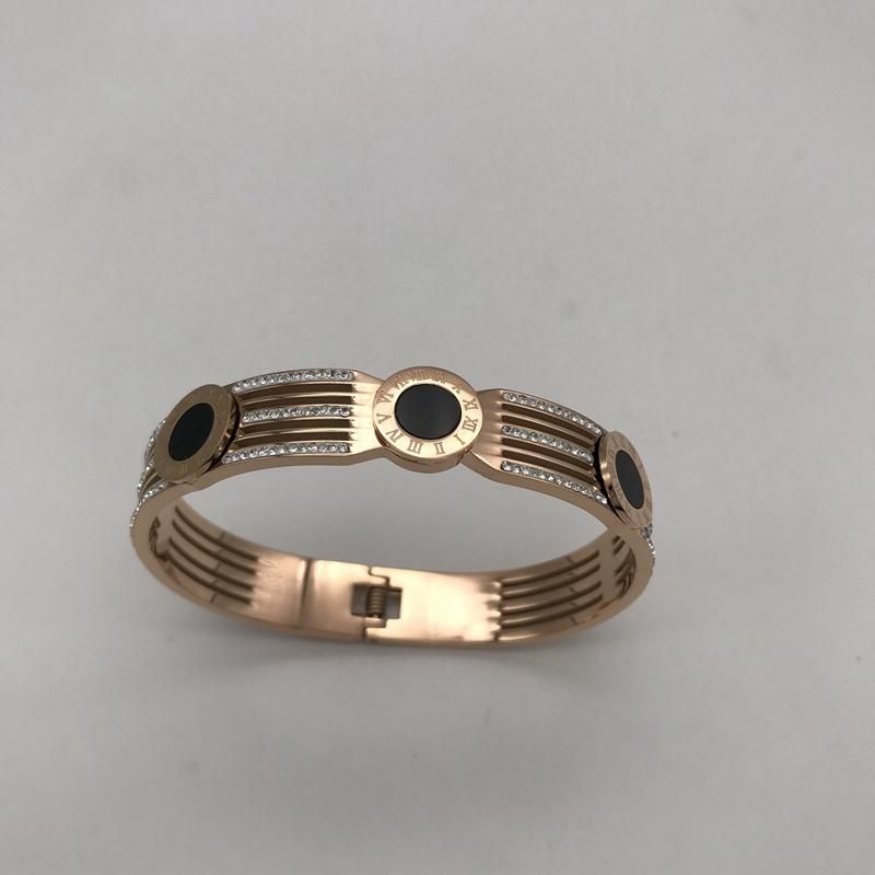 12mm Wide Stainless Steel Roman Numerals Zircon Cuff Bangle Rose Gold Plated Bracelet