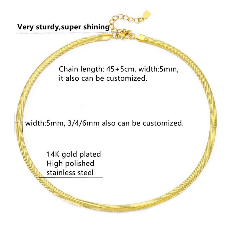 14K Real Gold Plated Flat Snake Chain Herringbone Choker Necklace for Women Men Jewelry