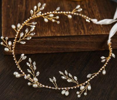 Bridal Wedding Natural Pearl Crystal Headband Hair Comb Headpiece. Gold Headband