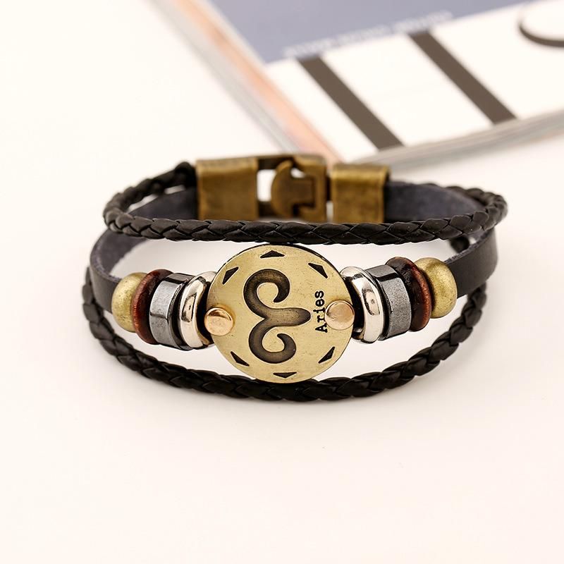 Bronze Alloy Buckles Zodiac Signs Punk Bracelets & Bangles Mens Leather Bracelets