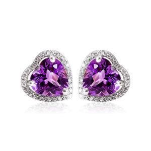 2021 Amazon Hot Selling Natural Amethyst 925 Sterling Silver Heart Diamond Cutting Zircon Stud Earrings Party Gift