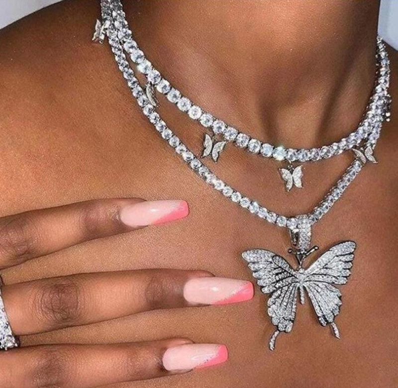 Rhinestone Choker Jewelry Diamond Butterfly Charm Tennis Necklace Women