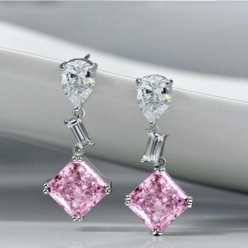 China Wholesale S925 Sterling Silver Square Shape High Carbon Diamond Rhodium Plated Woman Drop Dangler Earrings