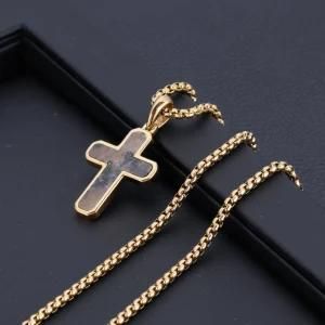 Gold Plated Stainless Steel Inlaid Cross Pendant Necklace