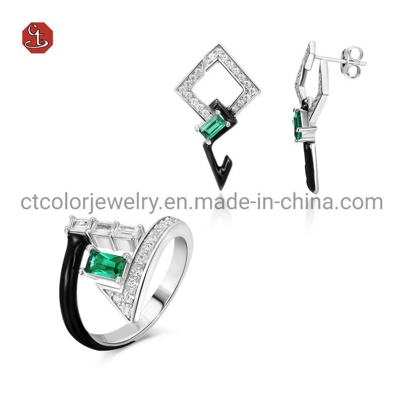 Fashion Jewelry 925 Sterling Silver and Emerald Color CZ Rhombus Earrings Jewellery