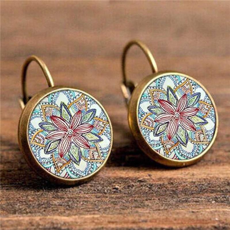 Women Vintage Bohemia Pattern Round Drop Earings Fashion Jewelry