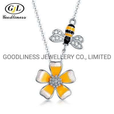 925 Silver Fine Women Jewelry Enemel Bee&Flower Pendant Necklace