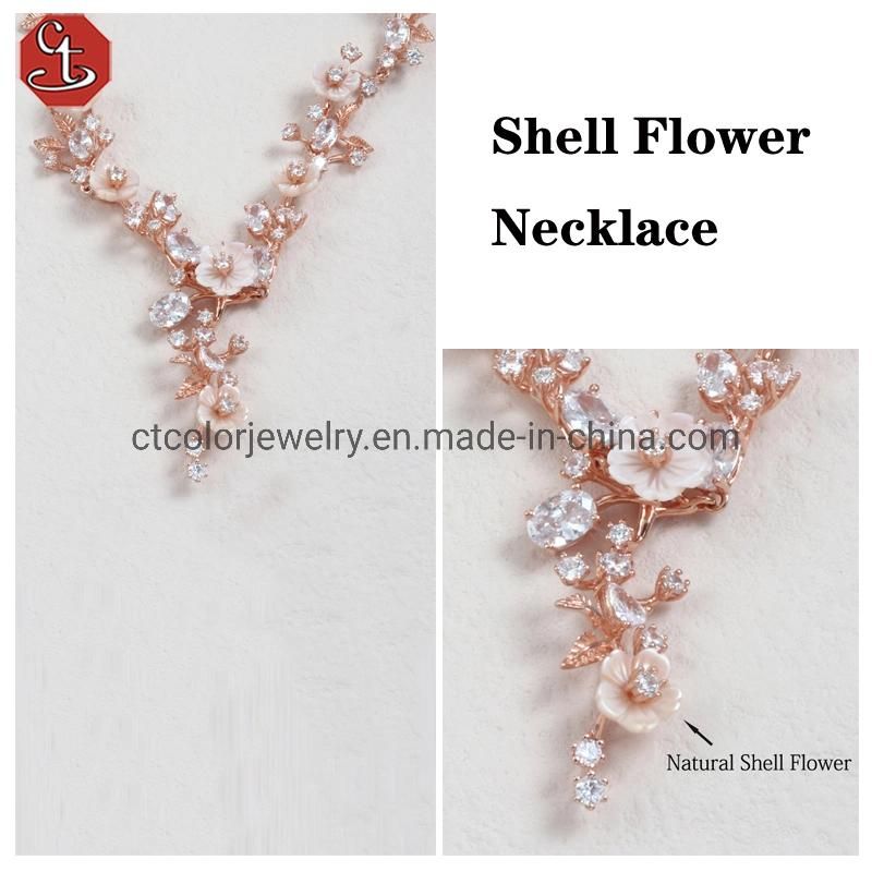Hotsale fashion jewelry 925 silver with 5A zircon natural shell flower Necklace