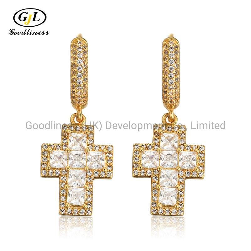 Wholesale Hip Hop Square Zirconia Micropanling Cross Eardrop Earring