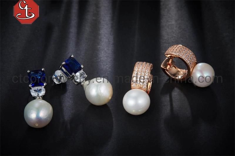 White Baroque Pearl Silver or Brass Earrings Blue CZ Stud Earrings Freshwater Pearl Drop Earring