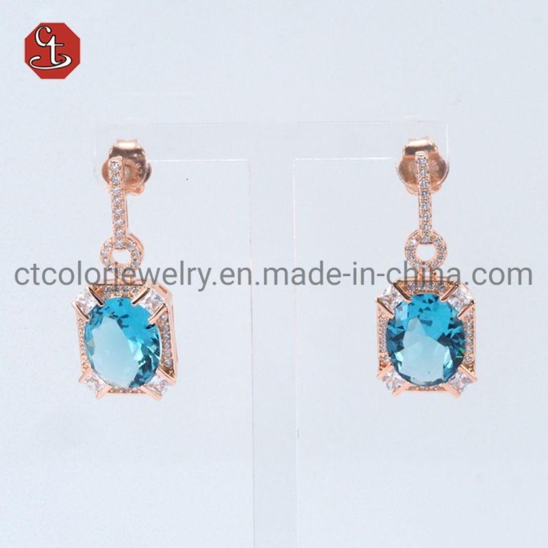 Rectangle Aquamarine Coffee Stone Earrings Jewerly Elegant Brass Earring with CZ