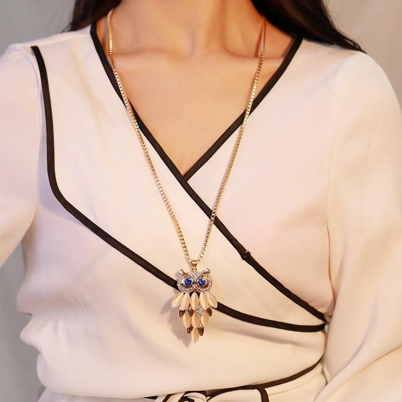 Fashion Alloy Opal Pendant Necklace Women Choker Lady Girl Owl Pendant Necklace Long Sweater Necklace Accessories