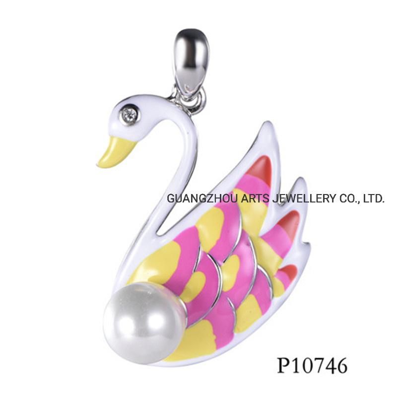 Colorful Enamel Painted Phoenix with White Shell Pearl Silver Pendant