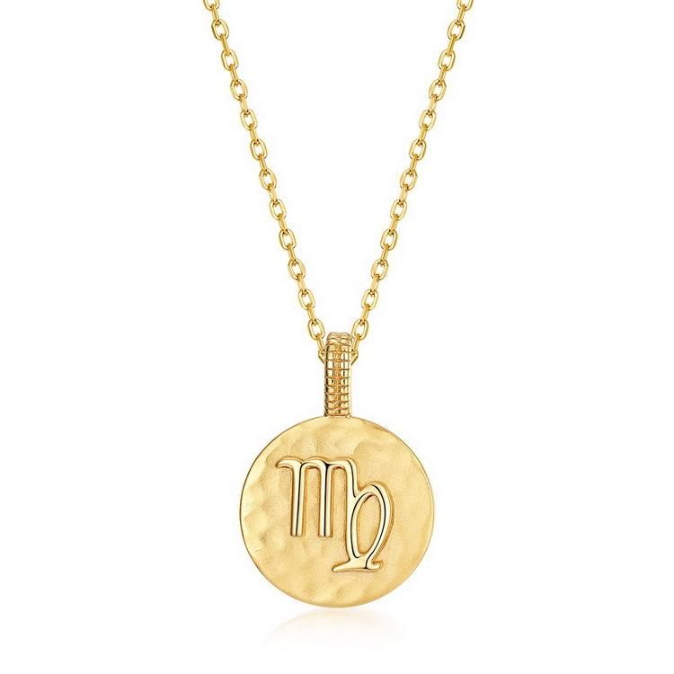 925 Sterling Silver Gold Plating Necklace Engraved Coin Disk Pendant 12 Zodiac Sign Pendant Necklace