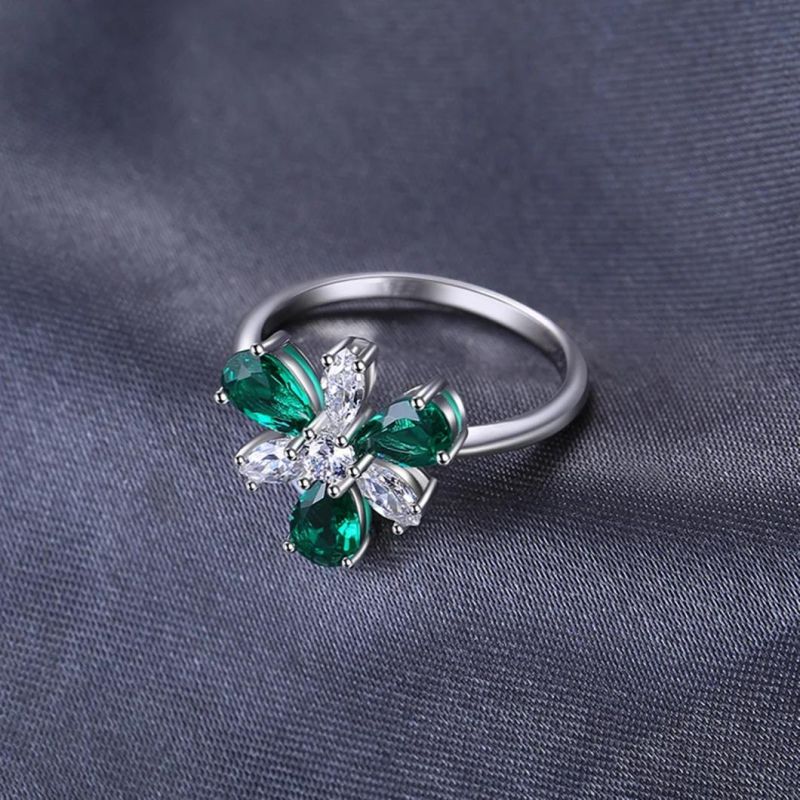 Luxury Pear Shape Flower Statement Ring 925 Sterling Silver Russian Simulated Emerald