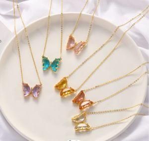Crystal Colorful Butterfly Pendant Necklaces Women Simple Style Glass Chain Choker Necklaces
