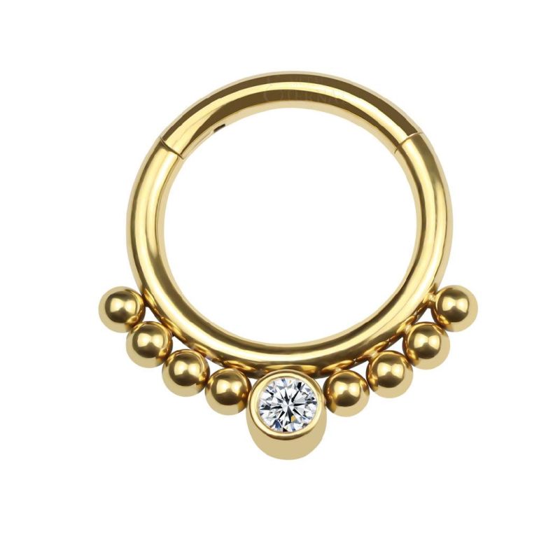 Eternal Metal Gold PVD Titanium Balls Hinged Clicker Nose Rings with Stone Piercing Jewelry