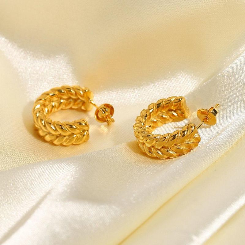 Gold Plated Stainless Steel C Stud Earrings with Ear of Wheat Pattern in Double Sides Hoop Earrings