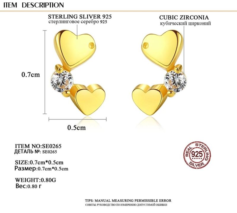 Fashion Jewelry Heart Shape Clip Earring Stud with Crystal Stones
