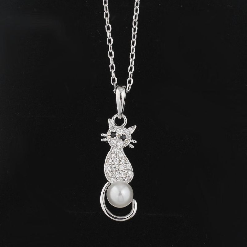 Cute Cat 925 Sterling Silver Pearl Pendant