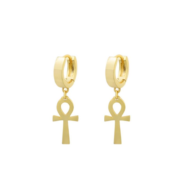 Wholesale Hanging 14K Gold Large Cross Ankh Hoop Earrings