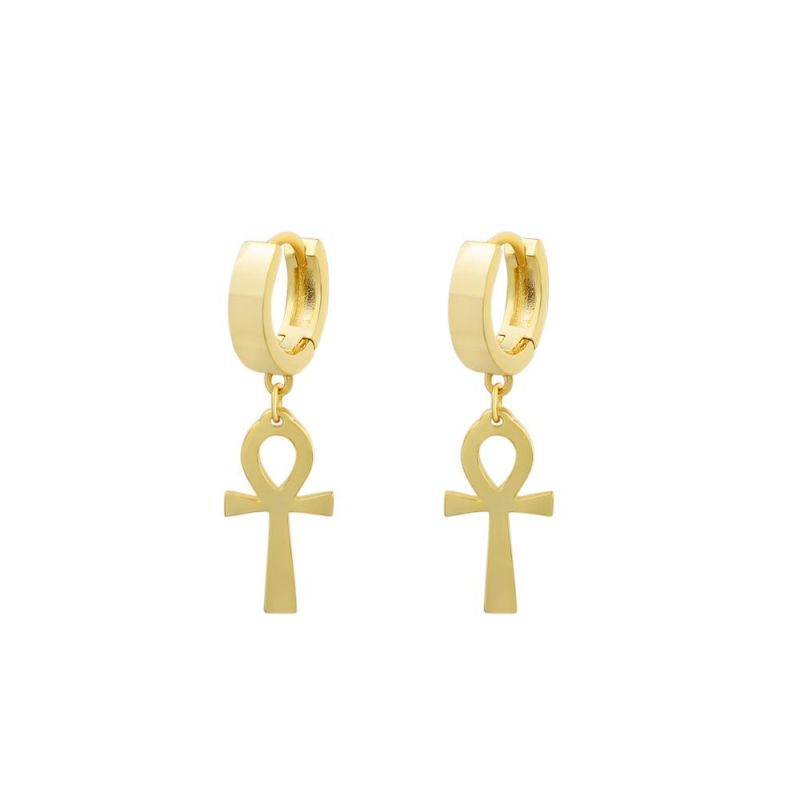 Wholesale Hanging 14K Gold Large Cross Ankh Hoop Earrings