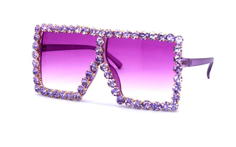 Rhinestone Glitter Square Vintage Plastic Diamond Large Frame Women Trendy Shade Fashion Sunglasses