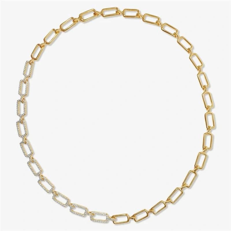 European Luxury Statement Square Cuban Heavy Link Chain Necklace for Women and Men Half Smooth Half with Crystal Glass