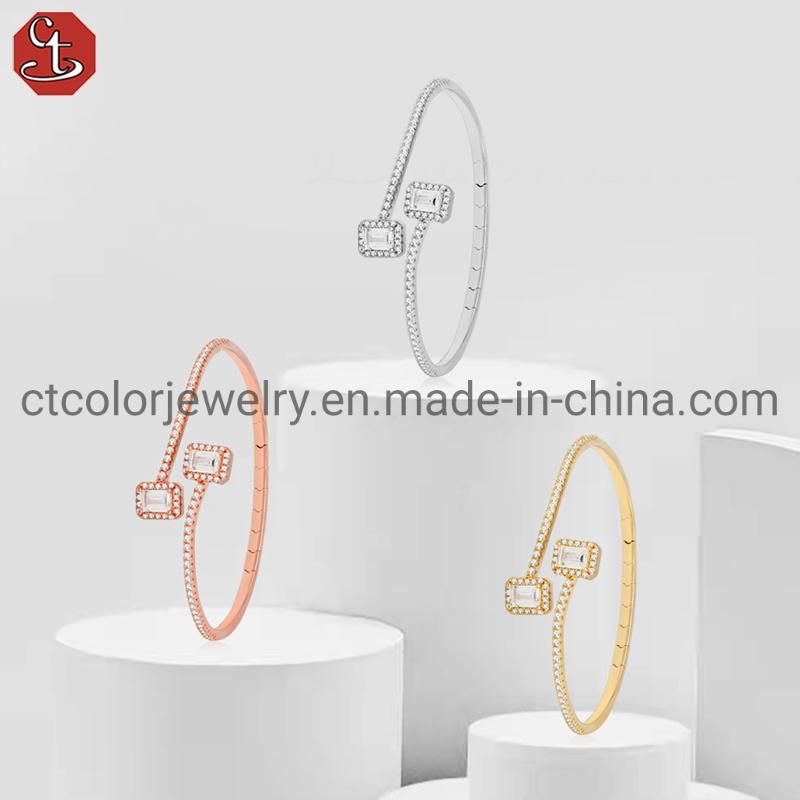 Wholesale 925 Sterling Silver Fashion Jewelry cz pave Step cut Free size Adjustable spring open Rose Gold plated Bracelet Bangle