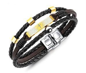 Punk Rock Cool Male Leather Stainless Steel Cross Bracelets Handmade Braided Wristband for Men Pulseira Masculina Couro