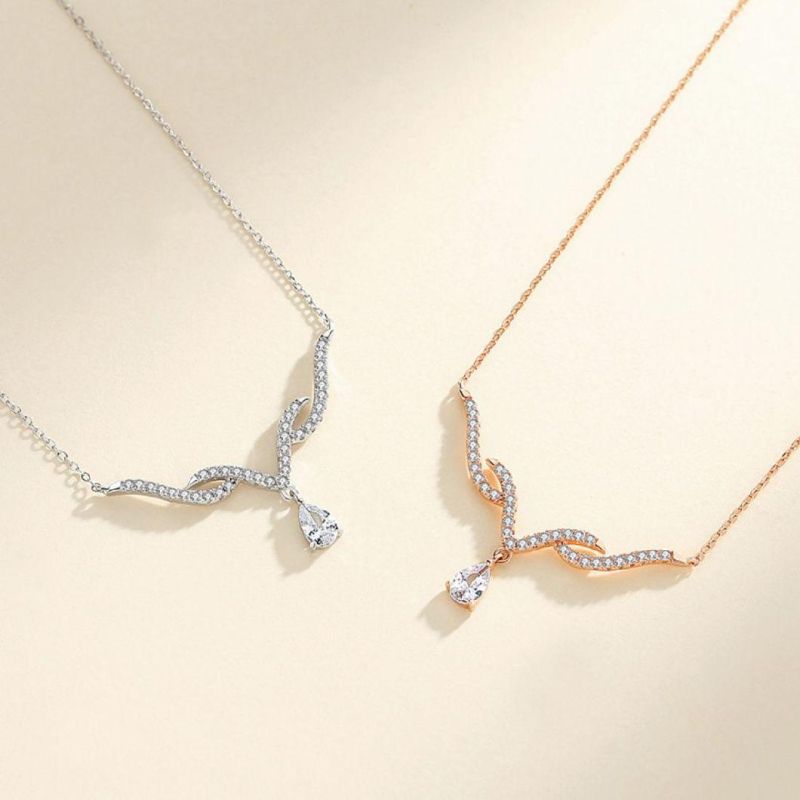 New Fashion Cute Animal Deer Horn Design Pave Setting CZ Stone Diamond Rose Gold Plated 925 Sterling Silver Pendant Necklace