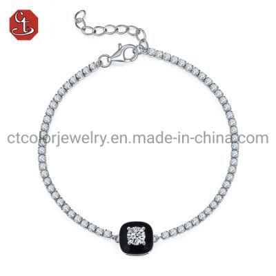 High Quality 925 Silver Sterling Fashion Jewelry Black Enamel white AAA Stone Bracelet
