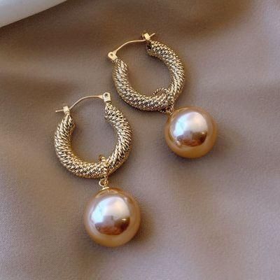 Lady Gold Plated Big Champagne Imitation Pearl Women Earrings