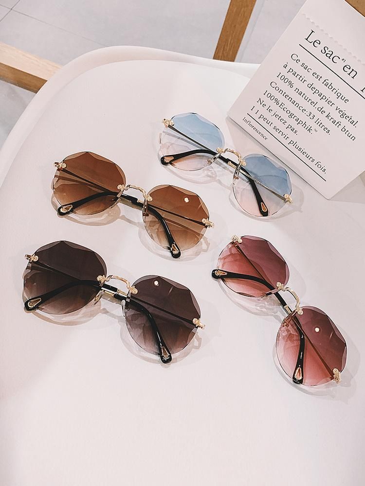 Rimless Sunglasses Fashion Trend Women Round Cut Edge Gradient Color Sunglasses