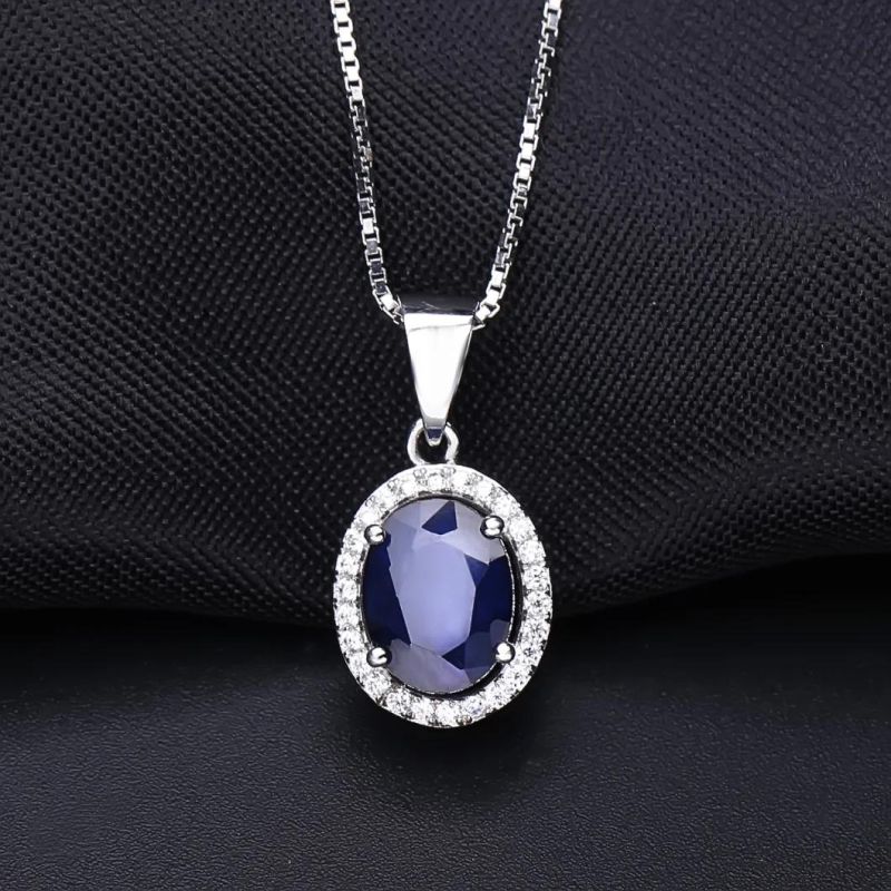 Natural Blue Sapphire Real 925 Sterling Silver Pendant Necklace for Women Necklace Costume Jewelry