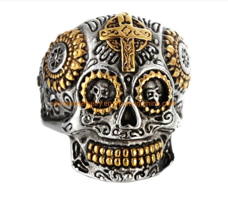 Titanium Steel/Stainless Steel Tibetan Carved Gabala Green Eyes Skull Punk Ring for Men Sgmr2619
