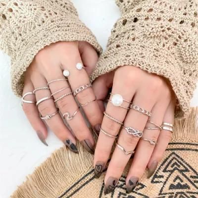 Simple Pearl Love Open Ring 19 PCS/Set Knuckle Ring European and American Metal Jewelry Women&prime; S Ring Set Dropshipping Wholesale
